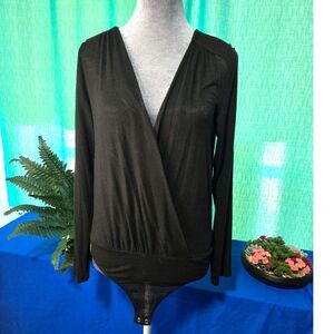 Express Black V-Neck Long Sleeve Faux Wrap Bodysuit Size M